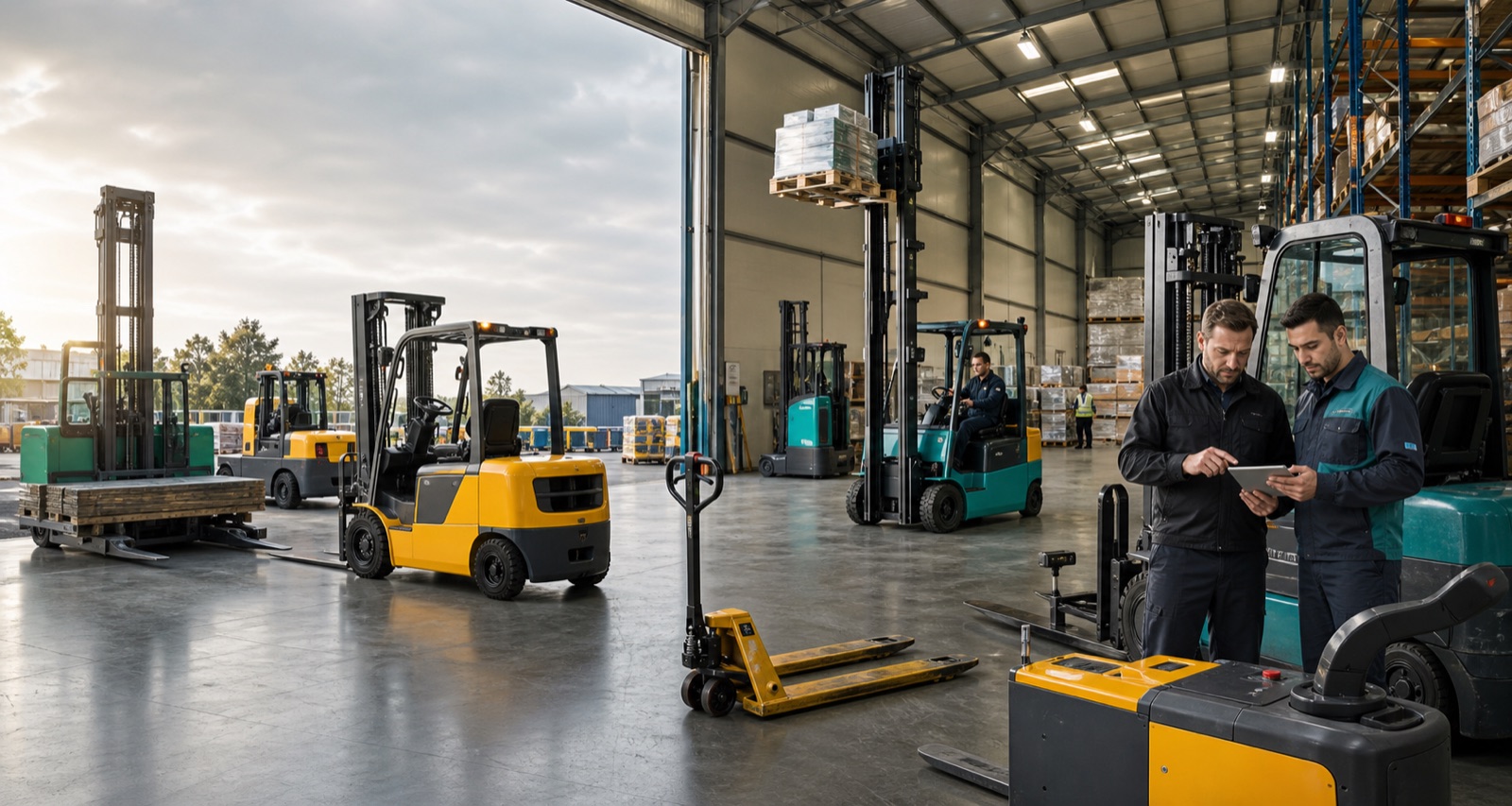 Mixed forklift fleet with engineers reviewing diagnostics