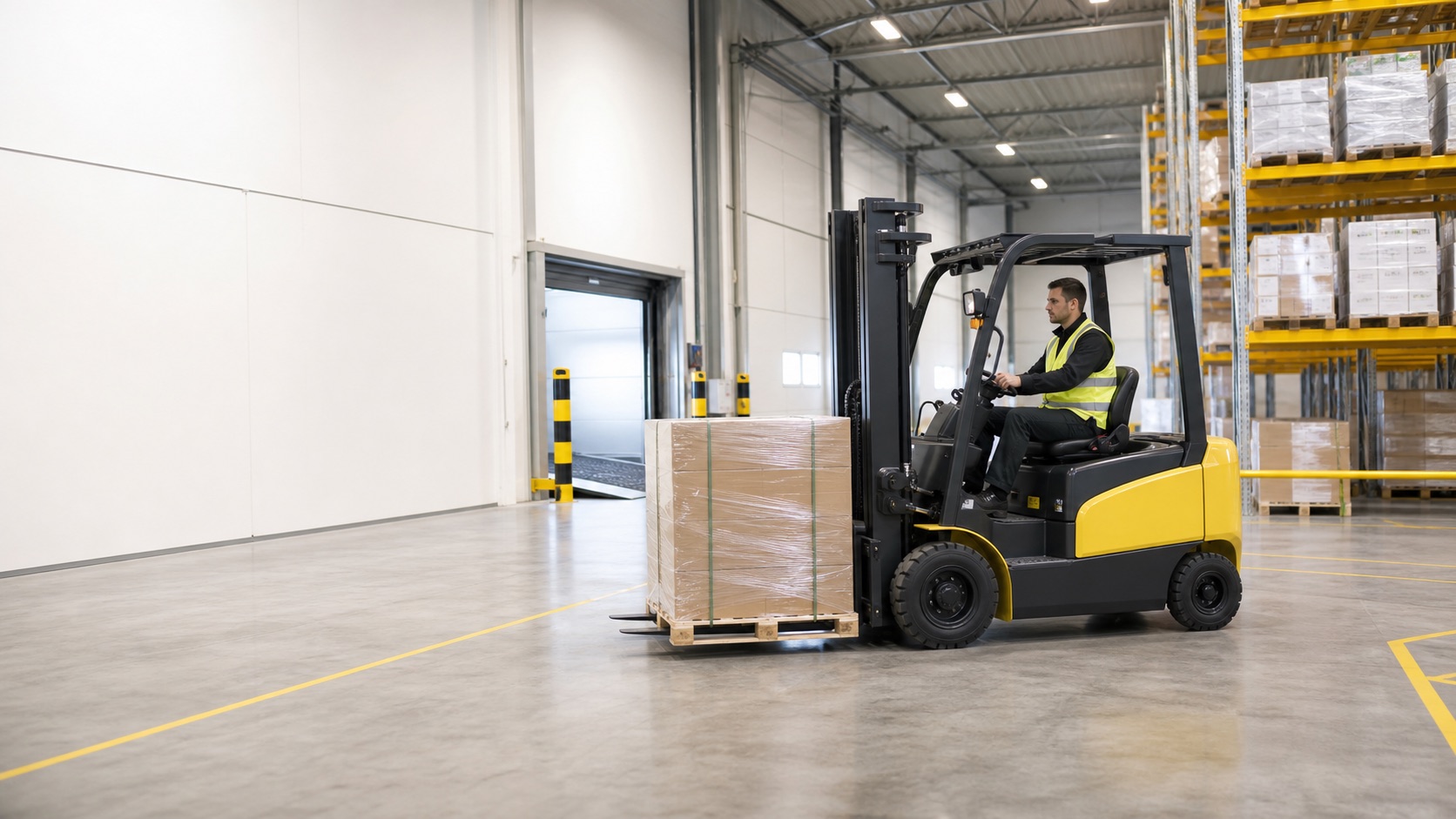 Electric forklift in warehouse racking