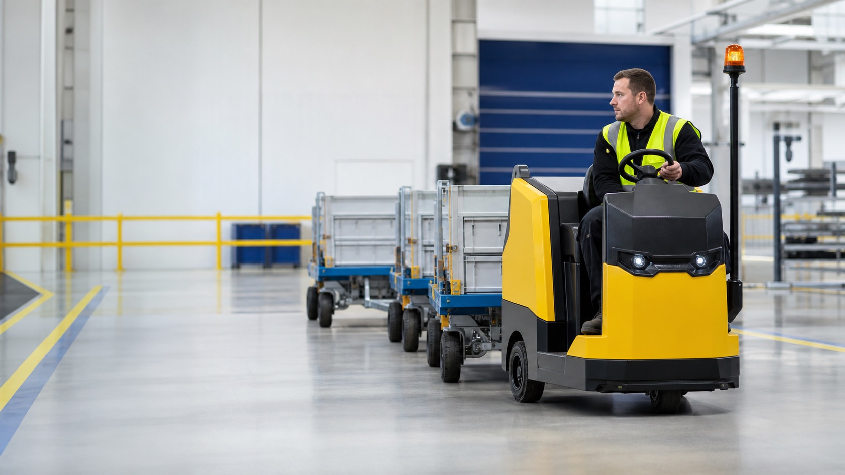 Tow tractor operating in an industrial warehouse