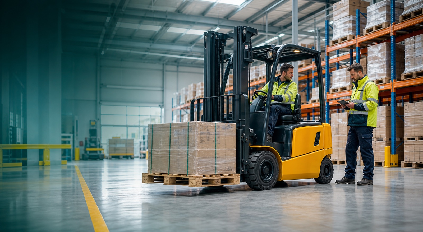 Forklift engineer checking a counterbalance truck in a warehouse