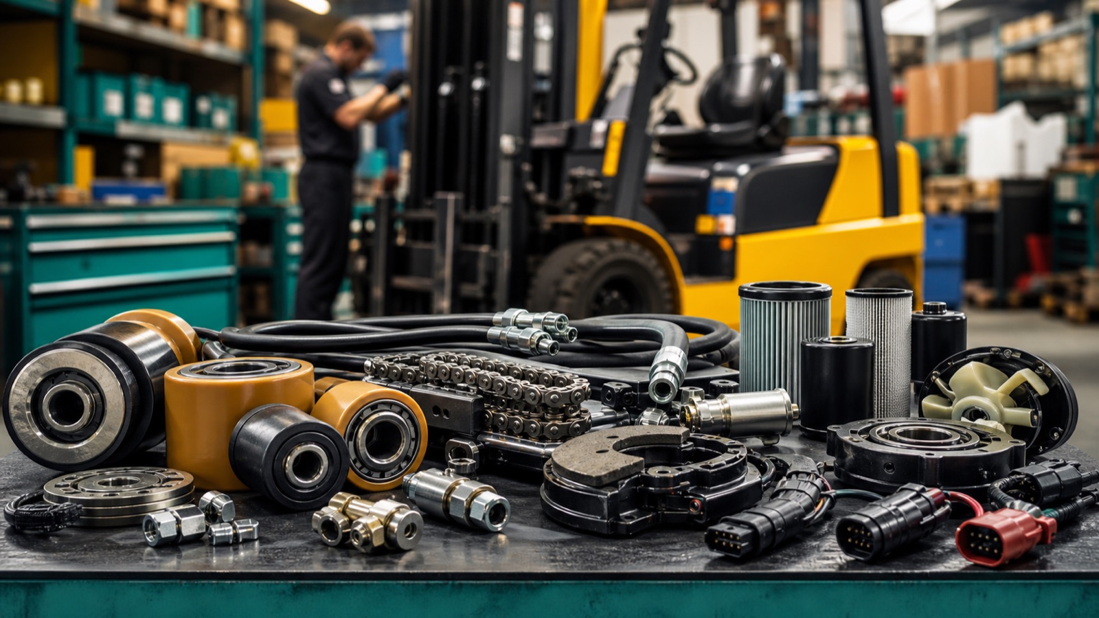 Forklift parts laid out with a service engineer and forklift in the background