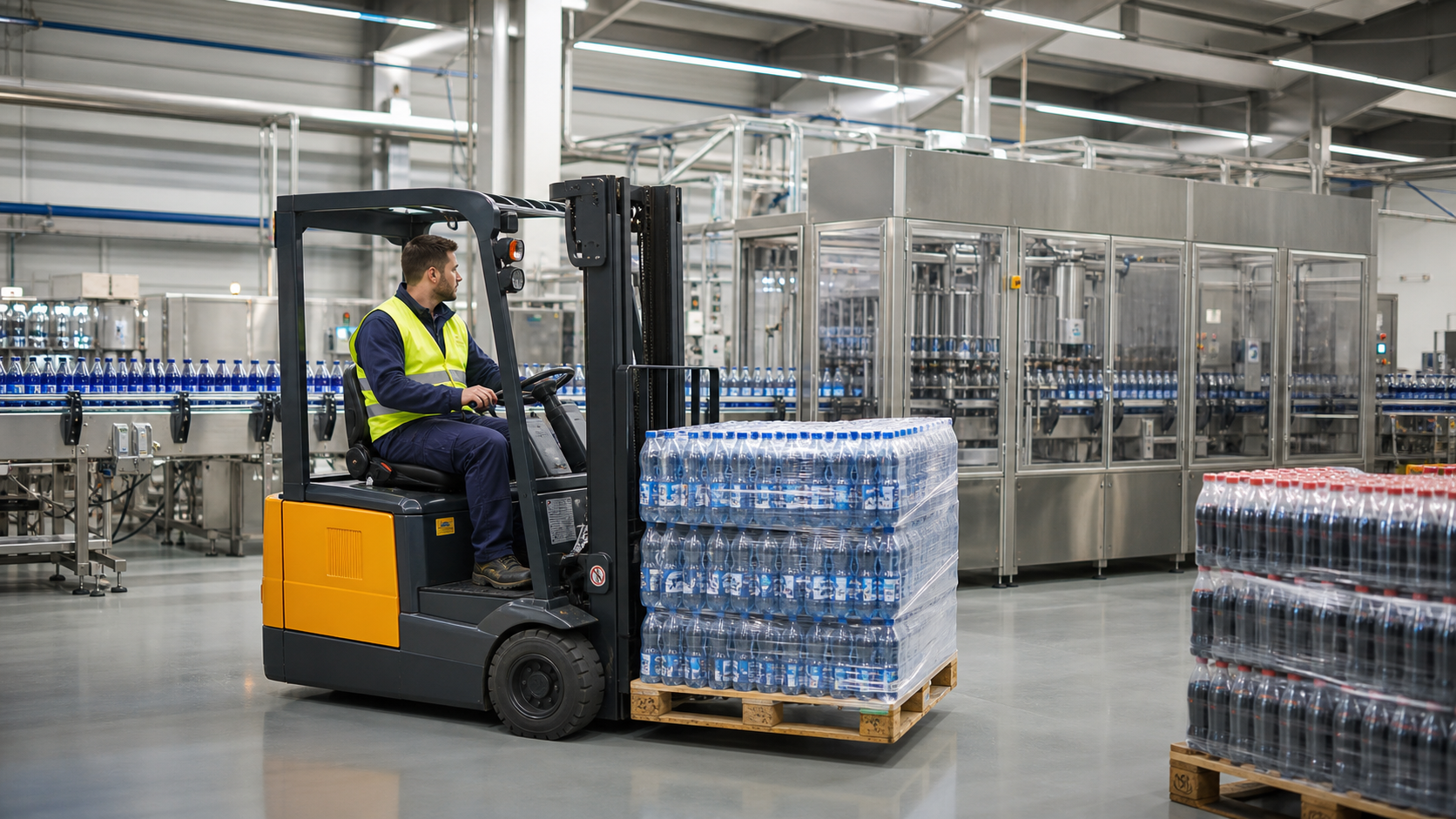 Electric forklift moving palletised bottled drinks in a clean food and beverage dispatch area