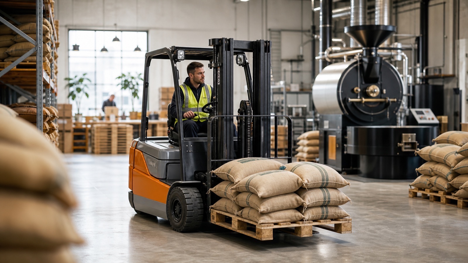 Forklift moving palletised ingredient sacks in a clean food and beverage production area