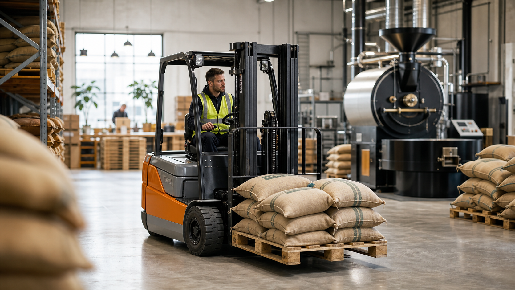 Forklift moving palletised ingredient sacks in a clean food and beverage production area