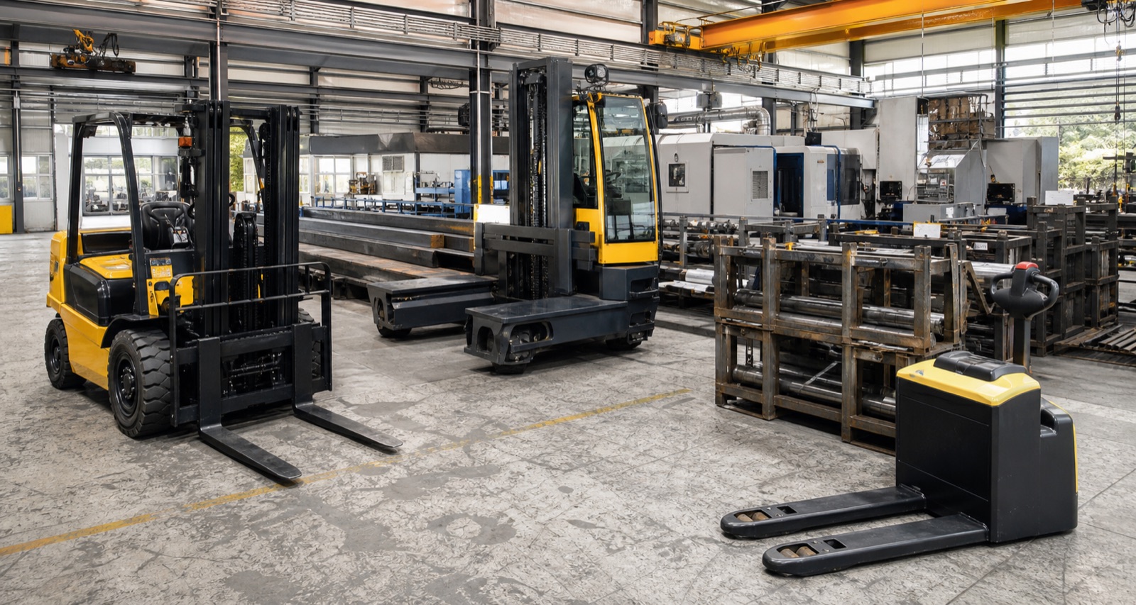 Mixed forklift fleet moving stillages and materials in an engineering production environment