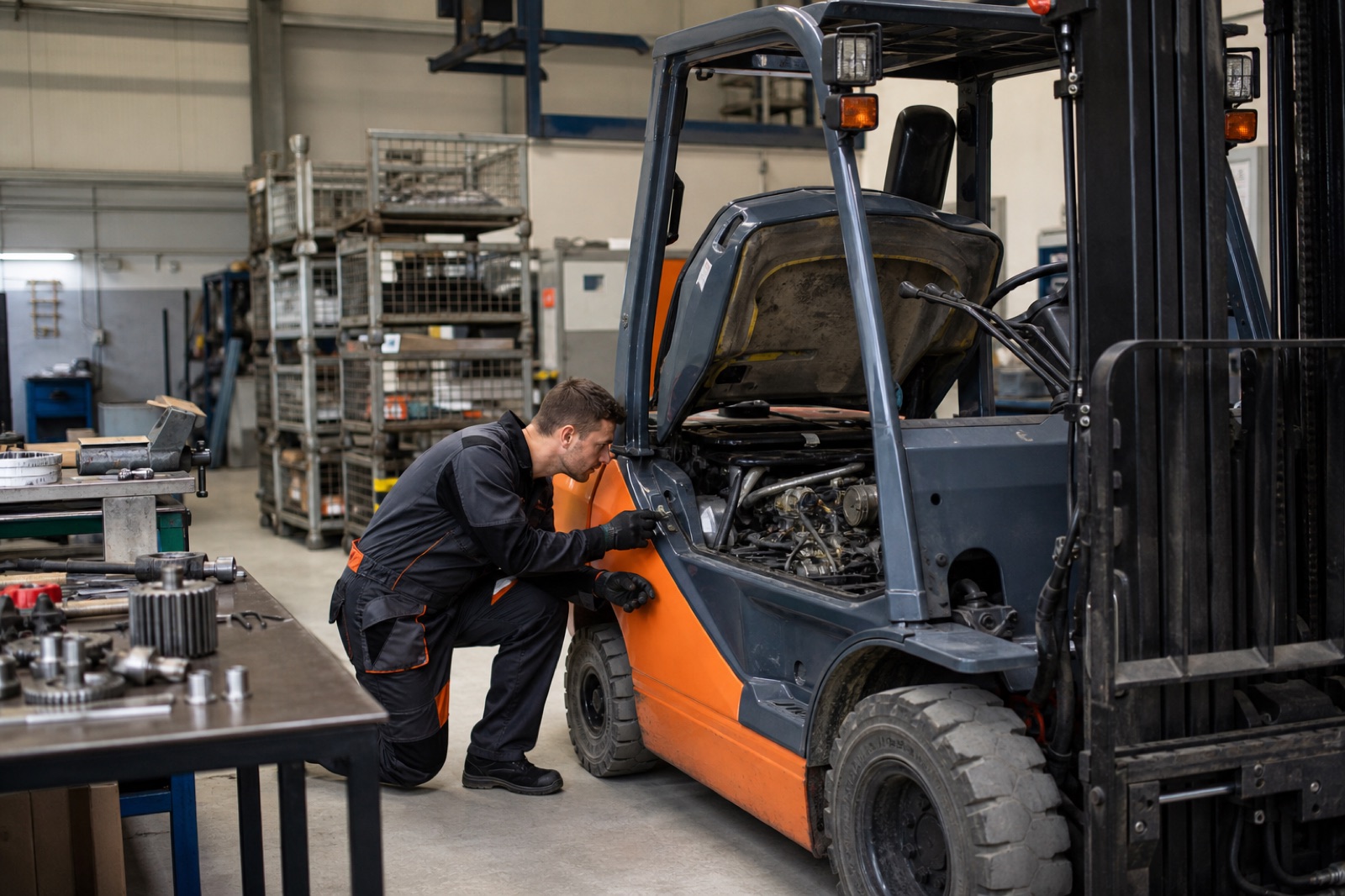 Forklift engineer repairing a truck beside machinery and metal components in a manufacturing site