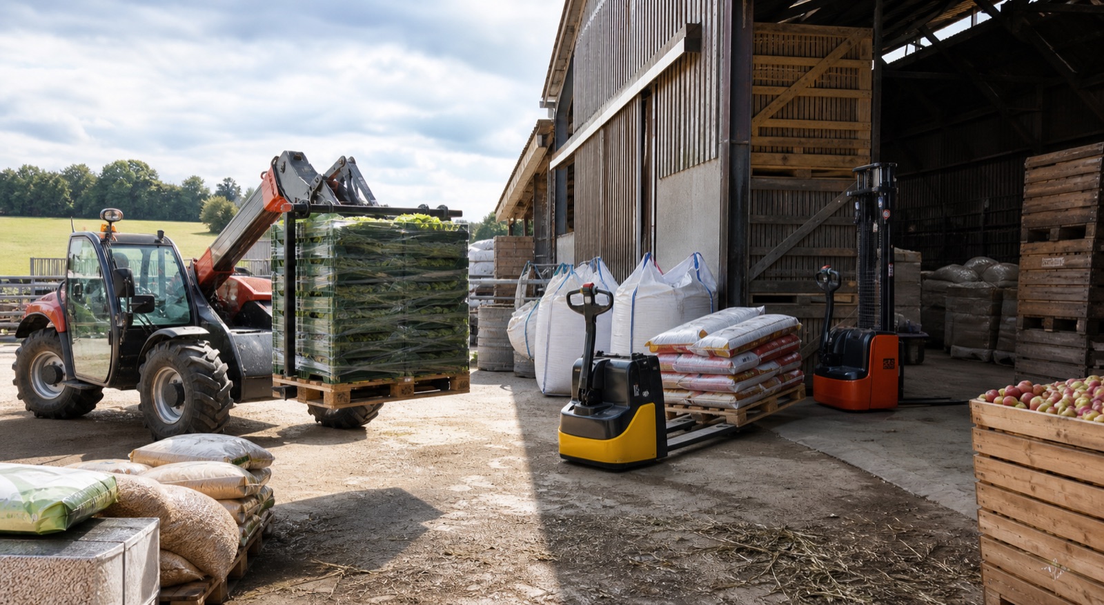Mixed handling equipment supporting feed, produce and pallets in an agricultural yard