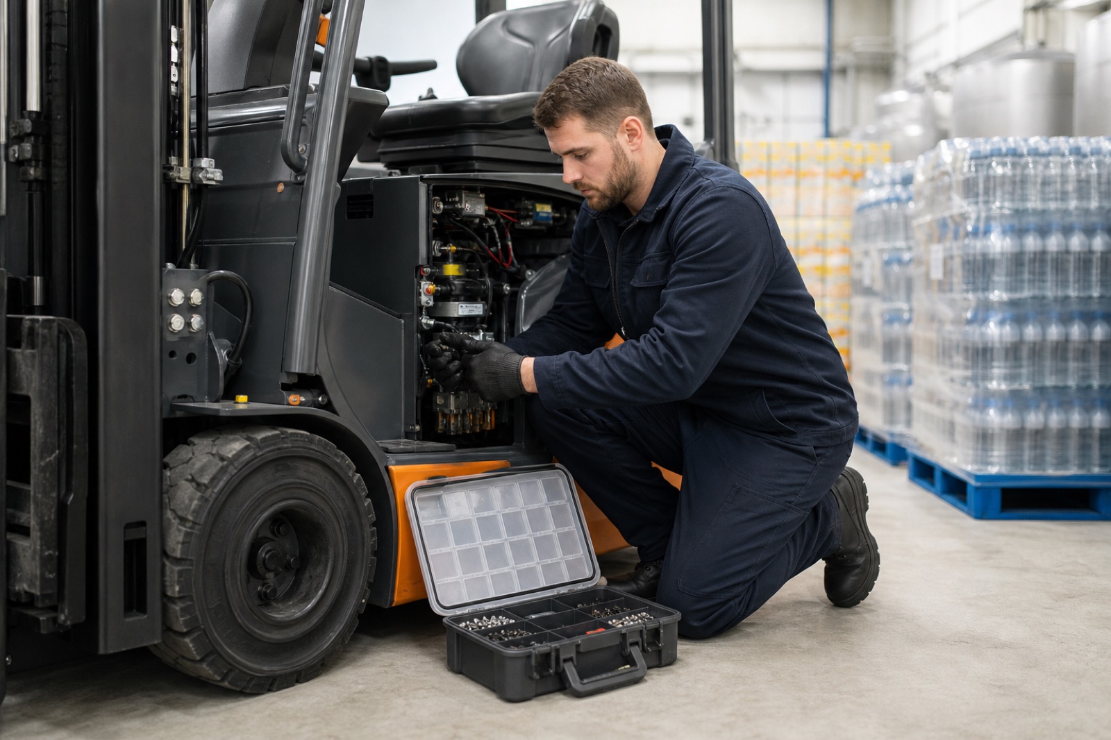 Forklift engineer checking parts in a food and beverage warehouse