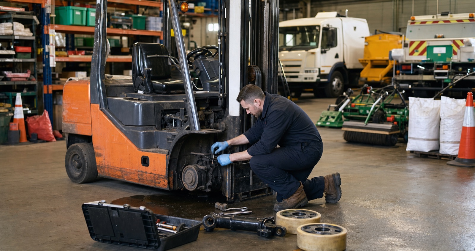 Forklift engineer repairing a truck in a council depot workshop