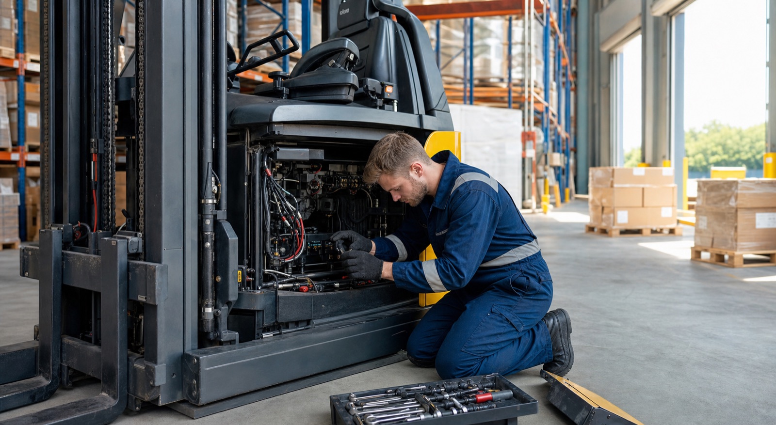 Forklift engineer inspecting a truck in a logistics warehouse with racking and pallets