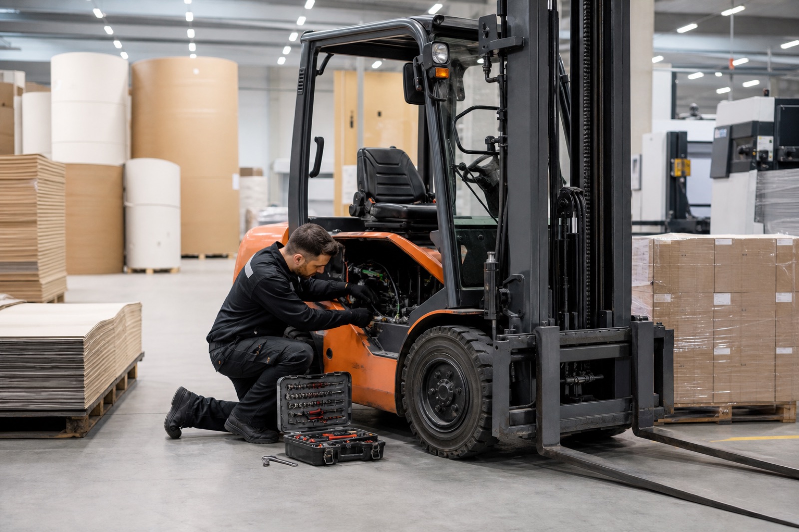 Forklift engineer checking faults near paper reels and packaging pallets