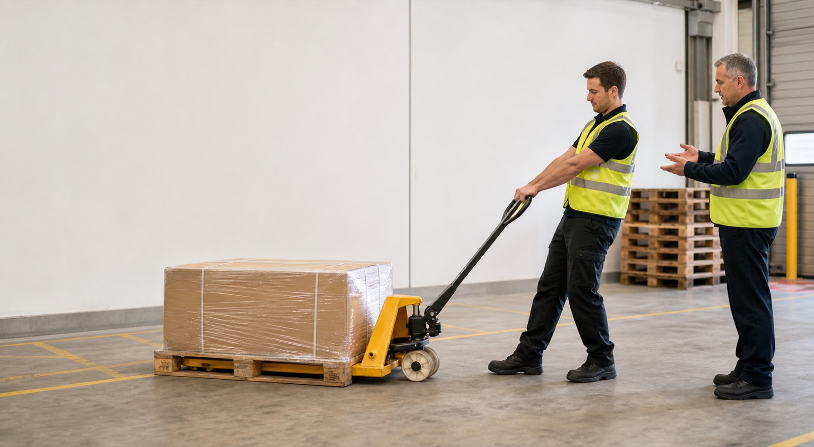 Hand pallet truck moving a pallet in a warehouse