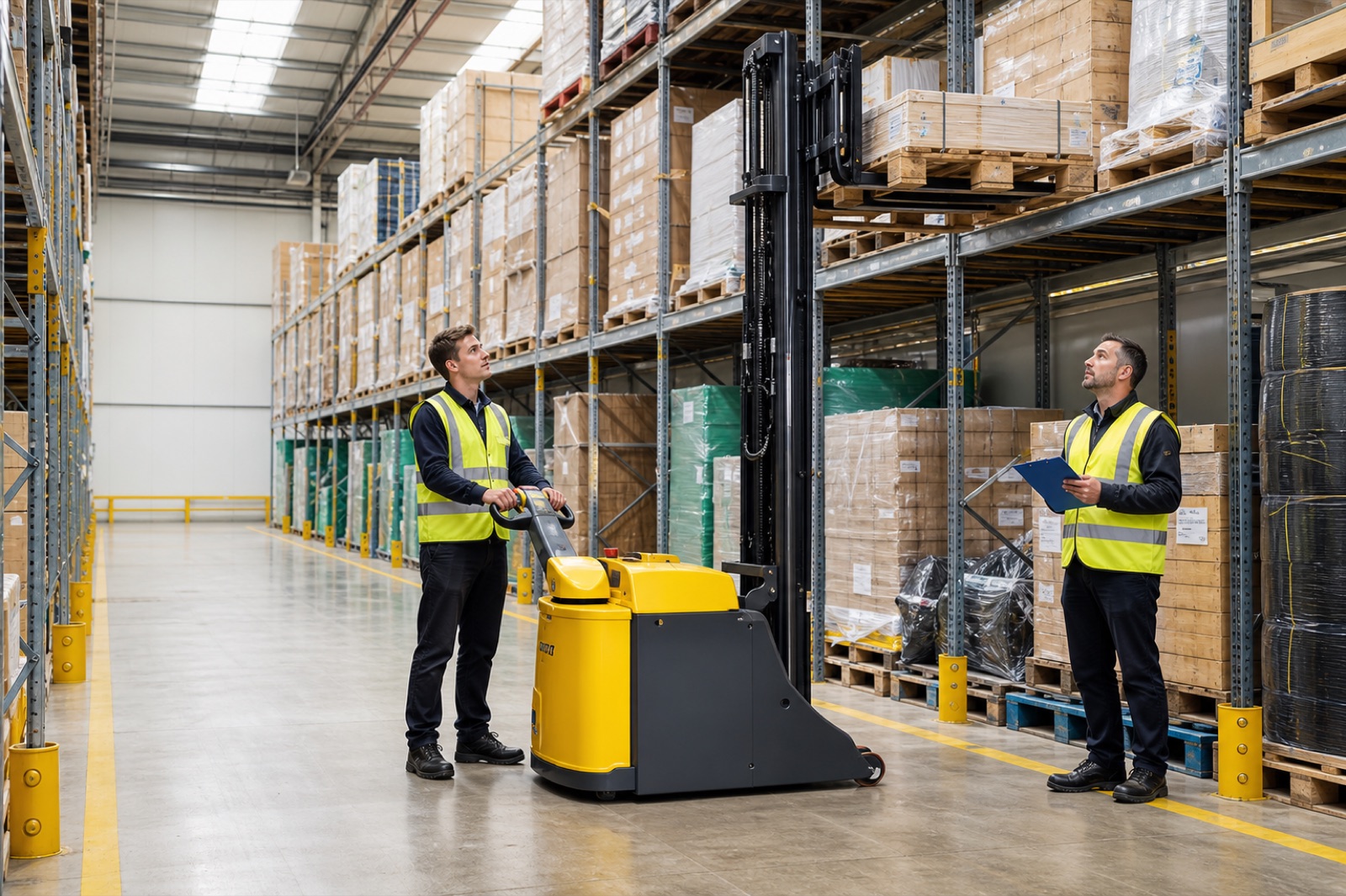 Pedestrian counterbalance truck handling pallets indoors