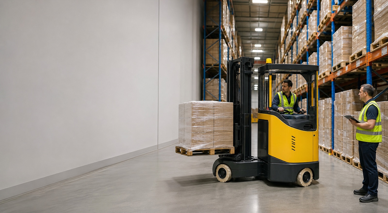 Pivot steer articulated forklift in narrow aisle warehouse racking