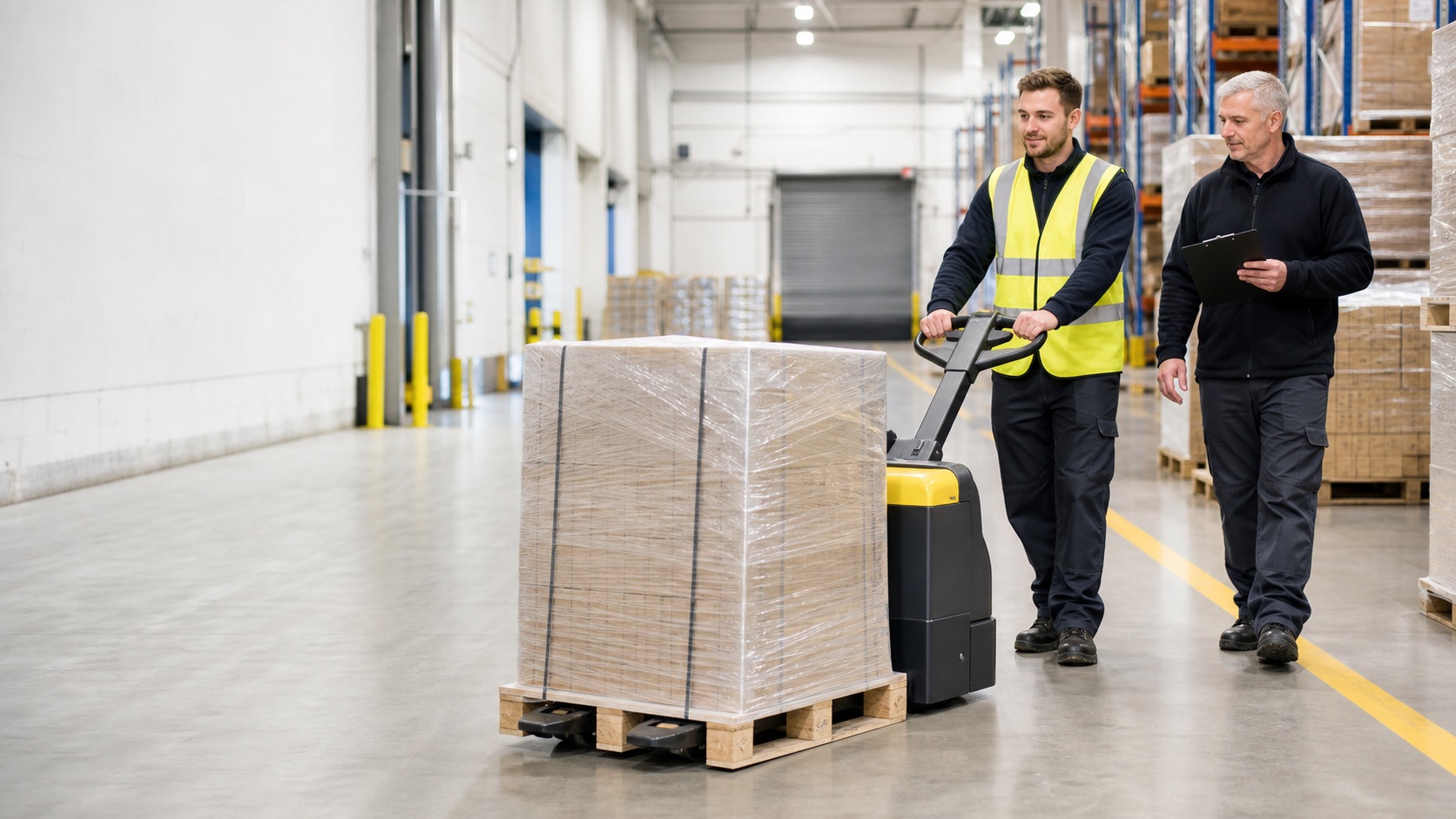 Powered pallet truck handling warehouse loads