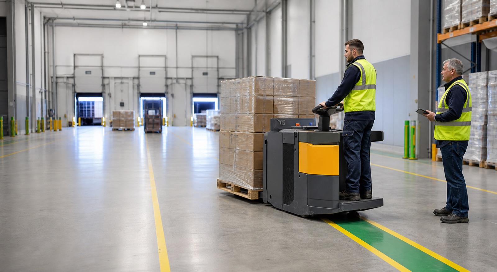 Ride-on pallet truck in a warehouse