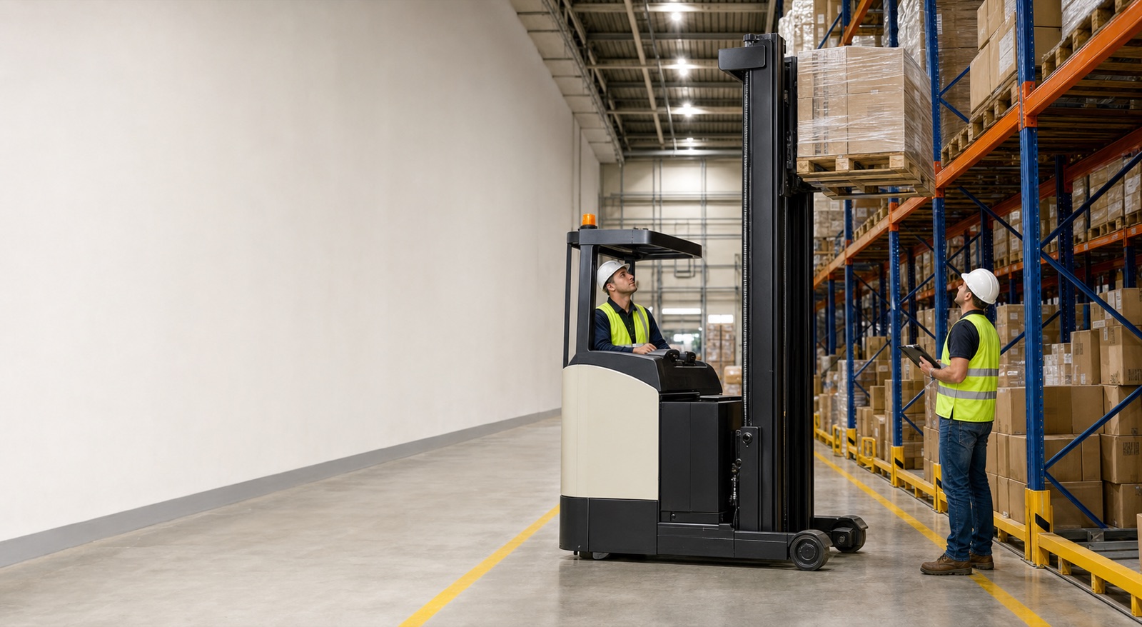 Reach truck in warehouse racking