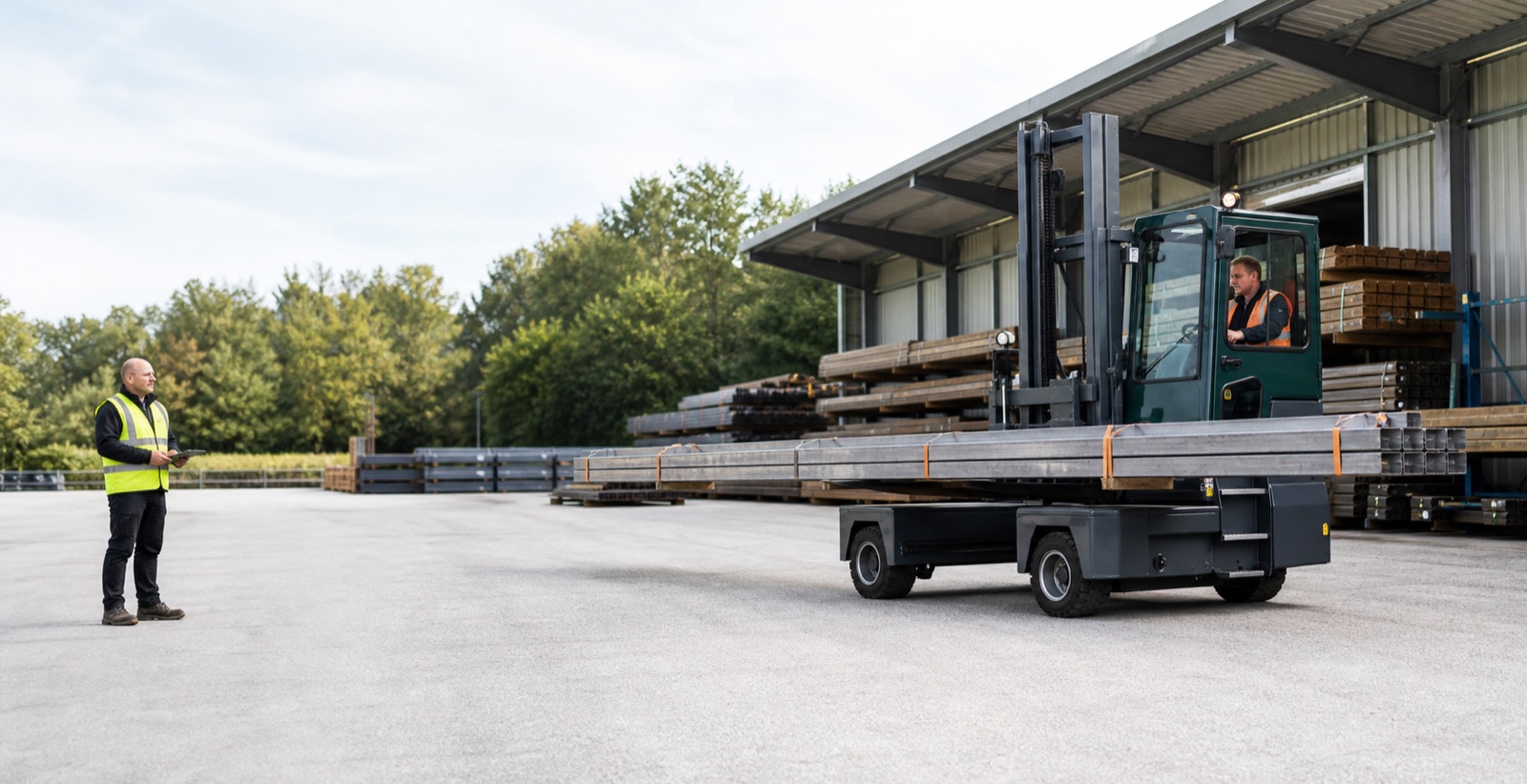 Sideloader forklift handling long loads in an industrial yard